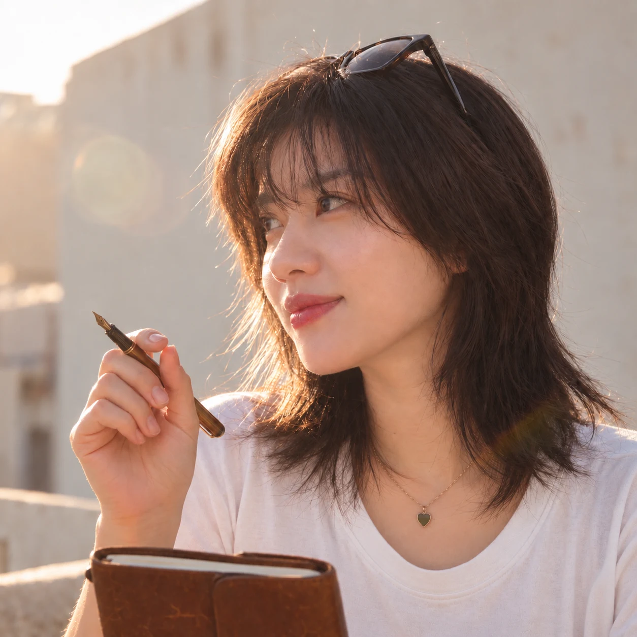 Linh Dieu Phan holding a fountain pen and journal in the afternoon sunlight